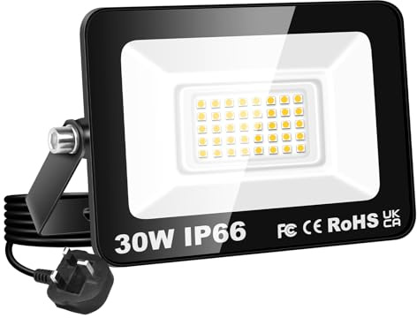 PICAA 30W LED Flood Light, 3000K Warm White Outdoor Wall Light (1PCS) | 3000LM, IP66 Waterproof, Super Bright Security Light, for Garden Yard Garage Patio Warehouse, with UK Plug