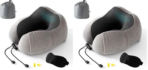 Good Nite Travel Pillow Neck Memory Foam Support Pillow for Adults Travel Airplane Camping Car Train Office Pillow Flight Plane Pillows with Ear Plugs Eye Mask Carry Bag Grey (Pack of 2)