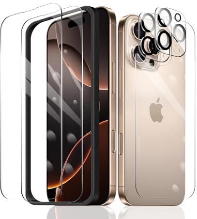 Fylnatc 2×Screen Protector for iPhone 16 Pro + 2×Camera Lens Protector + 1×Back Tempered Glass Film + 1×Installation Frame, 9H Hardness Case Friendly HD Clear Scratchproof Impact Protection
