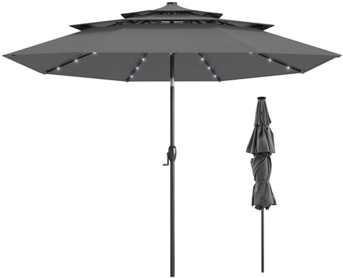 TANGZON 3m Garden Parasol with Solar LED Lights, Straight Pole Patio Umbrella with 3-Tier Vented Canopy, Tilt & Crank Handle, 8 Ribs, Outdoor Market Umbrella Sun Shade for Garden Patio Decking