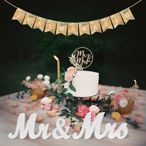 Party to Be Mr&Mrs Cake Topper Hochzeit & Just Married Girlande & Mr&Mrs Schriftzug mit Grüne Blätter Hochzeitstorte Deko in Holz