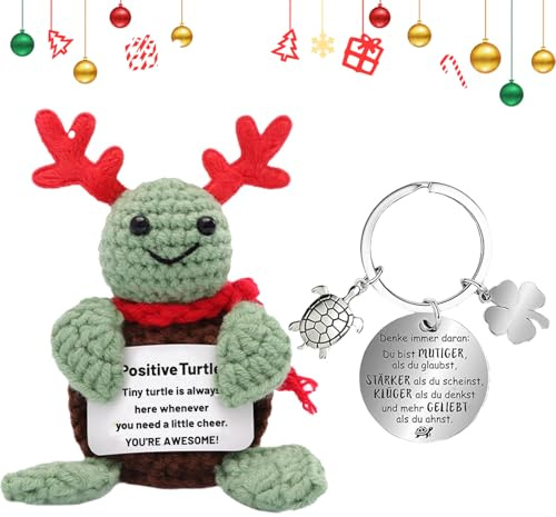 XIEXIESHER Weihnachten Geschenk Mini Pocket Hug Positive Schildkröte, Positive Schildkröte und Glücksbringer-Schlüsselanhänge, MutmacherGeschenk, Gute Besserung Geschenk