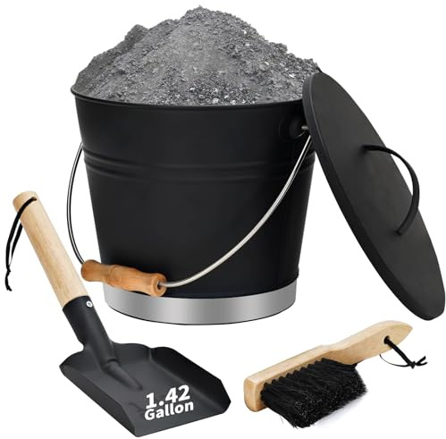 Mini-Ascheeimer mit Deckel, Schaufel und Handbesen, verzinkter Stahl, Metallkohlebehälter, Kohleneimer mit Griff, Werkzeugset Zubehör für Kamin drinnen und draußen, Feuerstelle, Holzbrennerofen.Silber