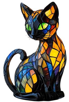 Mwqpgyh Katzen-Buntglas-Lampe, Kunstharz, leuchtende Buntglas-Katzenlampe, 17 x 10 x 10 cm, Katzen-Nachttischlampen, LED-Nachtlicht, Vintage-Gläser, Katzenlampen, Schreibtisch, handgefertigtes