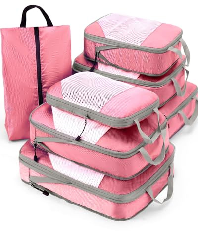 Meowoo Compression Packing Cubes 7 Set, Ripstop Mesh Travel Organizers for Luggage, Multi-Functional Ultralight Expandable Packing Cubes for Suitcase, Carry-on Luggage, Travel, Backpack, Pink