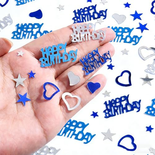 Fesnova Geburtstagsdeko Konfetti Blau Set,Blau und Silber,Happy Birthday Schriftzug mit Herzen und Sternen,Tischdekoration für Geburtstag und Partys,Metallic Glanz,Geburtstagsdeko Tisch Deko,Frau Mann