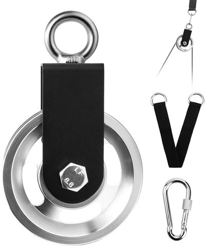 1 Satz 88 mm Seilrolle Aluminiumlegierung Bär 250 kg,Umlenkrolle Universallager mit 360 ° Schwenkbar U Haltebügel,Hängendem Gurt,Karabinerhaken,Umlenkrolle Stahlseil für DIY,Heim,Gym Fitnessgeräte