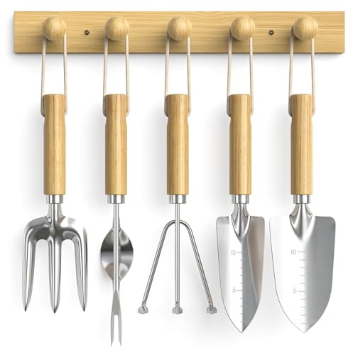 Grenebo Ensemble d'outils de Jardinage avec Crochets muraux en Bois, 6 Outils de Jardinage avec 5 Crochets muraux en Bois Robustes et élégants, Cadeaux de Jardinage pour Femmes, Porte-Manteau Mural
