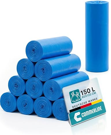 Commerline 20 Rouleaux (200 Pièces) de Sacs Poubelle | 150 L, Bleu - 80 x 120 cm | Indéchirables et Anti-fuite | Pour la Maison, le Bureau, le Commerce et la Restauration