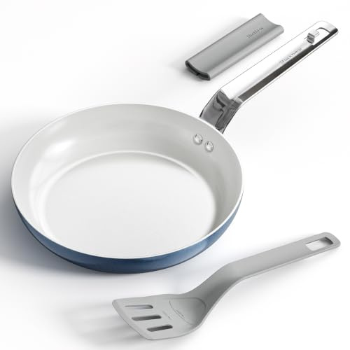 stackbear Ceramic Non-Stick Frying Pan 24cm, Stackable Design | PFAS-free Titanium Ceramic Pan with Stackable Design, Measuring Spatula, Silicone Grip, Induction & Oven Safe to 250°C