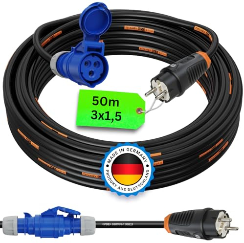 CEE Campingkabel Adapter Kabel Stromadapter Camping Schuko-Vollgummi-Stecker auf CEE Kupplung für Wohnwagen Wohnmobil TITANEX H07RN-F 3G1,5mm² 16A 230V 50m