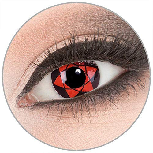 Farbige 'Big Uchiha' Kontaktlinsen von 'Evil Lens' zu Fasching Karneval Halloween 1 Paar rote schwarze Crazy Fun Kontaktlinsen mit Kombilösung (60ml) + Behälter in Topqualität ohne Stärke