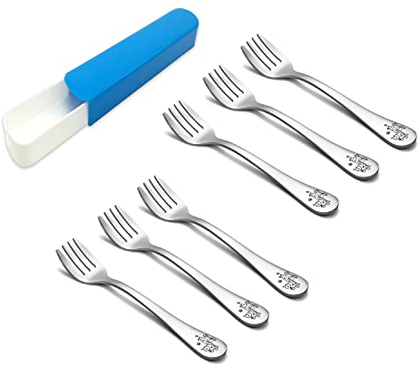 TEAMFAR Kinder Gabel, 6-teilig Edelstahl Poliert Kinderbesteck Kindergabel Gabel Set für Kinder Kleinkind, Reise Etui, Ungiftig & Gesund, Spülmaschinengeeignet