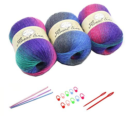 YAMEE 3 Stück 100 g Handstrickgarn farbverlauf wolle zum stricken Farbverlaufswolle Häkelgarn Stricken Garn Hand Gestrickt Garn Weberei Garn mit Häkelhaken und Häkelgarn Set