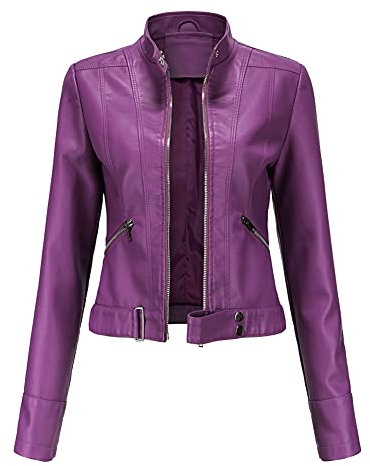 YFFUSHI Veste en Cuir Faux pour Femme à Col Montant Courte et à Manches Longues avec Fermeture Éclair - Style Moto Biker Violet Foncé L