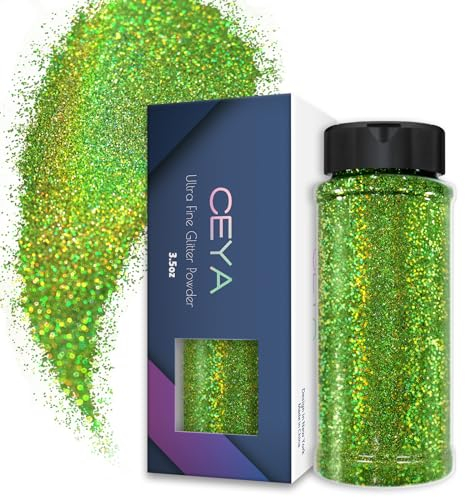 Ceya Poudre de paillettes ultra fines de 100 g - Vert clair holographique - 0,2 mm - Pour slime, résine époxy, artisanat, bijoux, nail art, festival, maquillage, peinture, cartes de mariage
