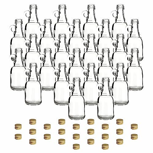 gouveo Lot de 24 bouteilles en verre de 40 ml avec anse et bouchon à vis – Mini bouteilles à remplir – Petites bouteilles à remplir – Pour liqueur, eau-de-vie, huile (HF040SG)