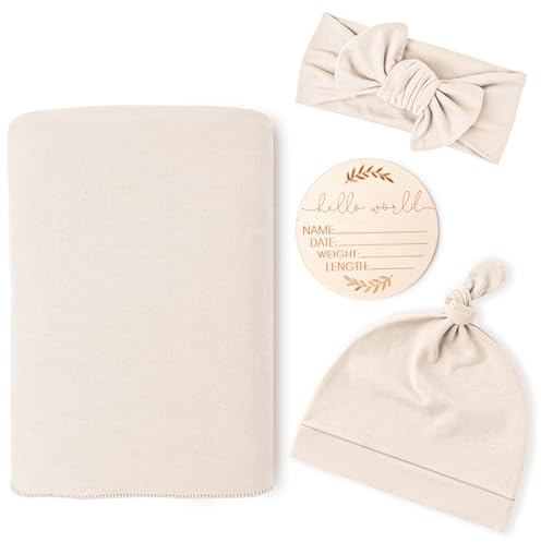 Konssy Baby Girl Newborn Receiving Blanket with Matching Headband and Beanie Set Baby Swaddle Nursery Swaddle Wrap(Beige)