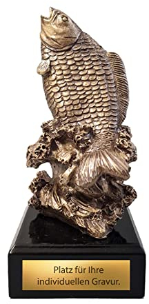 eberin · Angler Pokal · Angeln Pokal · Fischer Trophäe · Bronze Karpfen auf schwarzem Sockel · Angelsport Pokal mit Wunschtext · 17,5 cm