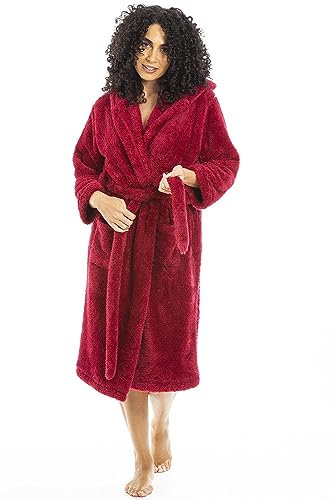 Camille Women's Super Soft Dressing Gown - Luxury Fleece Hooded Bathrobe - Long Sleeved, Belt Fastening & Front Pockets - Magenta 12-14