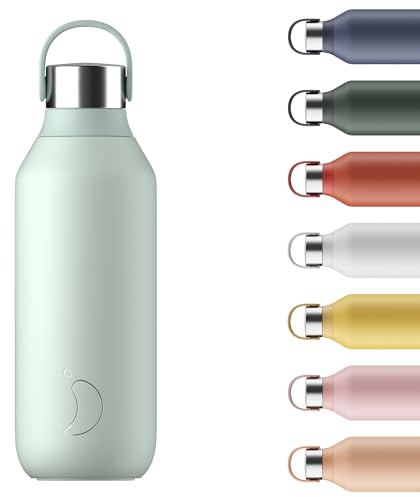 Chilly's Series 2 Water Bottle - Stainless Steel Thermal Bottles with Double Wall Vacuum, Soft Collar & Carry Loop - Lichen Green, 500ml