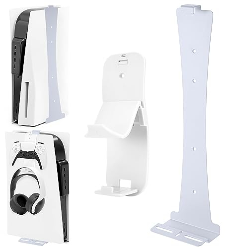 Aceshop Wandhalterung ps5, Wandhalterung Set für Playstation 5 (Disc und Digitale Ausgabe) Stabile Stahlwandständer Halterung PS5 Konsole mit Controller-Halter Kopfhöreraufhänger Schrauben (Weiß)