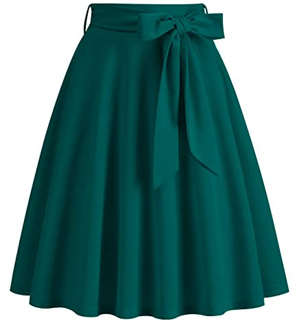 FYMNSI Rockabilly Rock Damen Vinatge 1950er Damenrock Sommer Knielang Retro Festliche Röck mit Gürtel Faltenrock Tellerrock Elastische Hohe Taille Swing Plissee A-Linie Glockenrock Grün XXL