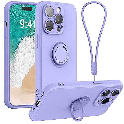 Galful Silicone Phone Case for iPhone 14 Pro with Wrist Strap Lanyard,Finger Ring Holder Magnet Car Holder Ultra Slim TPU Shockproof Protective Phone Case Cover for iPhone 14 Pro,Light purple