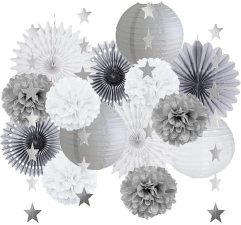 Grey and White Christmas Decorations Indoor Paper Fans Party Decor Hanging Lanterns White Grey Christmas Decorations with Star Garland for Winter Christmas Party New Year Ceiling Decor