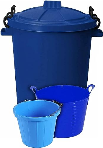 M1SS (Set of 3) 50L Litre Heavy Duty Clip Lock Lid Rubbish Bin, Dustbin /3 Gallon 14 Litre Plasters Builder Bucket and 20 Litre Flexible Plastic Storage Container Bucket Tub Trugs Horse Feeder (Blue)