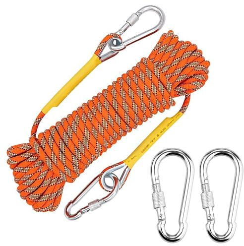 Outdoor Climbing Rope 10M(33ft), 8mm Outdoor Climbing Rope, Static Rock Climbing Rope with 2Pcs Carabiner, Escape Rope, Rescue Parachute Rope, for Hiking/Climbing/Rock Climbing/Outdoor Activities