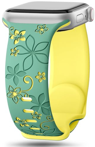 AMSKY Flower Band Kompatibel mit Apple Watch Armband 40mm 46mm 41mm 38mm 42mm 45mm 44mm Damen, Graviert Silikon Armbänder mit Blumen Floral Muster Kompatibel mit iWatch Armband Se 10 9 8 7 6 5 4 3 2 1