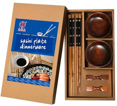 LANHUTHS Premium Wooden Chopsticks & Soy Sauce Dishes Set of 2 Gift Package Original Wooden Material 8.8 Inch/22.5cm