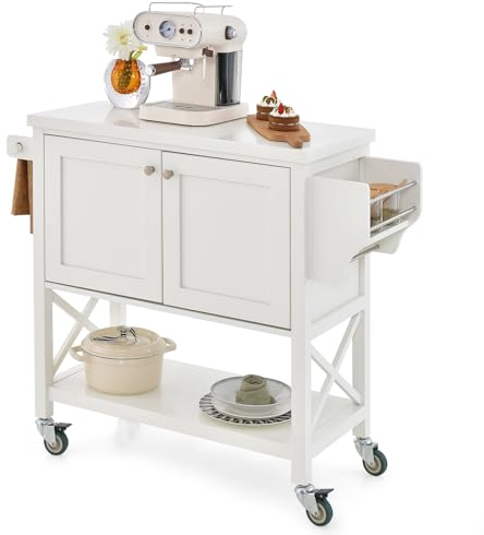 COSTWAY Carrito de Cocina Móvil, Carro de Isla con Gabinete de Almacenamiento, Carro Rodante con Toallero y Especiero, Mueble Auxiliar de Cocina con Ruedas y 2 Puertas para Cocina, Bar y Comedor