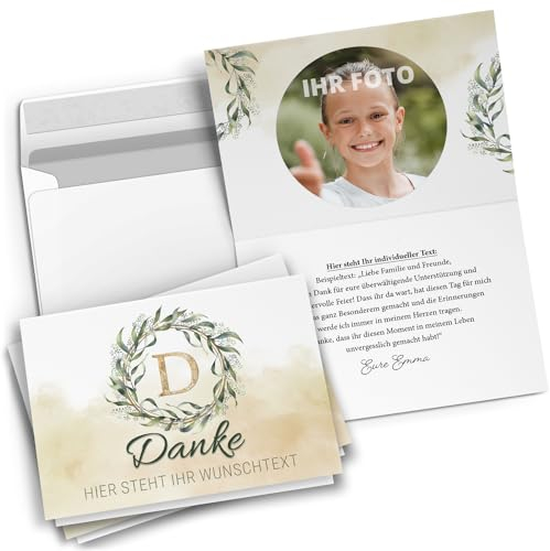 10 PERSONALISIERTE Dankeskarten mit Text und Foto - Kranz Danke - Dankeskarte Kommunion Konfirmation Taufe Hochzeit kirchlich mit Umschlägen