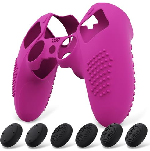 PlayVital Funda de Silicona Antideslizante para ps5 Edge - Carcasa Protectora con 6 Tapas de Joysticks, Cubierta de Goma Tacto Suave, Protector de Mando, Diseño 3D Tachonado (Neón Morado)
