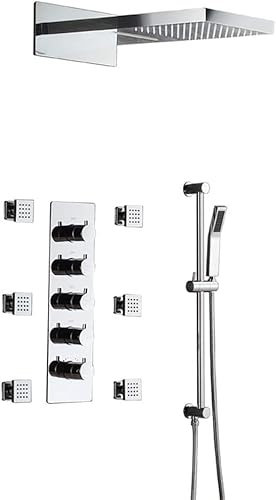 DSeenLeap Ducha termostática clásica de latón con rociador de 6 cuerpos, Montaje en Pared para baño, Juego de Grifo de Ducha Tipo Lluvia con 4 Funciones y Barra Deslizante, Cromado