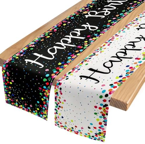 PIWOSGOL 2 Stücke Tischläufer Geburtstag, Bunt Tischläufer, Leinen Happy Birthday Tischdecke, Tischdeko Geburtstag für Kinder Mädchen Jungen Geburtstag Party 180 x 33cm