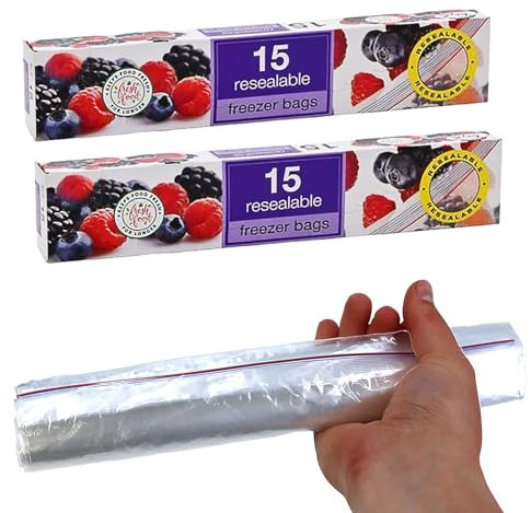 30 Resealable Freezer Bags - 25cm x 25cm Ultimate Strength Reusable Food Bags, Clear Plastic Sealable Sandwich Bags