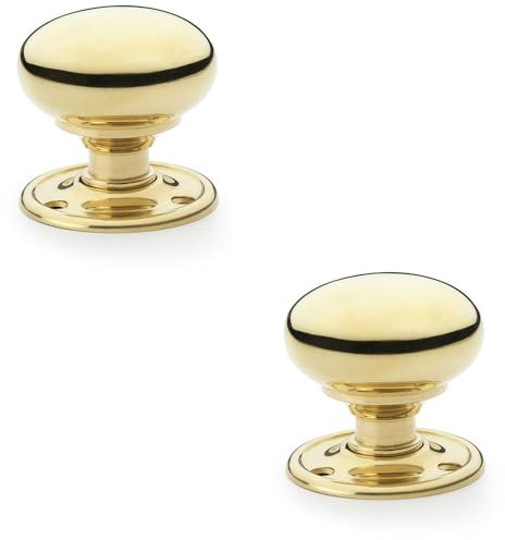 2 Pack - Solid Brass Mortice Smooth Mushroom Door Knob - Polished Brass 51mm Diameter