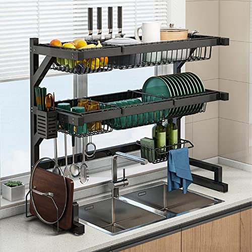 PPSMFAMZ Escurridor de platos flotante de 2 niveles sobre el fregadero, de acero inoxidable, multiusos, ahorra espacio, para cocina, ahorra espacio, organizador de almacenamiento, soporte para