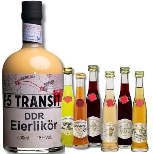 DDR Eierlikör + 6 Kleine Liköre (Mix) - Eierlikör nach DDR-Rezept + Likör: Weinbergpfirsich, Kirsche, Heidelbeere, Wildpflaume, Limoncello, Sanddorn + Gutschein Brennereiführung