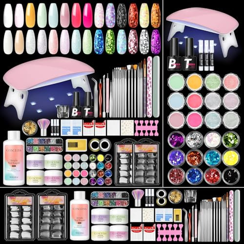 COSCELIA Kit Uñas Acrílicas Completo con Lámpara Uñas, 28 Colors Acrilico para Uñas Profesional con Decoración de Uñas Acrilicas y 60ML Monomero, Acrilico Uñas Extensión Kit para Arte de Uñas