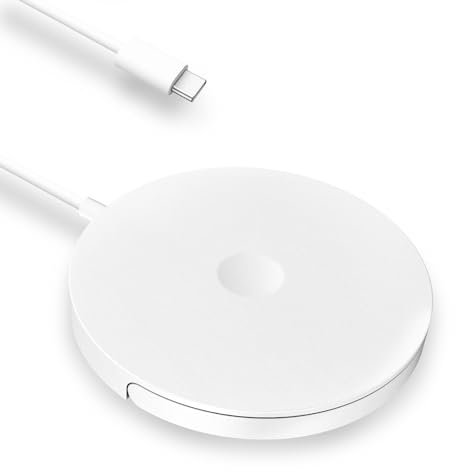 Chargeur Rapide Sans Fil 15 W de Surpahs, Compatible Mag-Safe pour iPhone 11, 12, 13, 14, 15, AirPods 2, USB-C, Blanc, Style Minimaliste