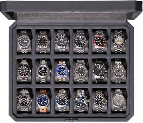 RW18-CARBON ROTHWELL Uhrengehäuse mit 18 Schlitzen - Luxus-Uhrenbox für Herren, Echtglasplatte, abschließbar, elegantes Uhrendisplay für Sammlungen (Carbon)