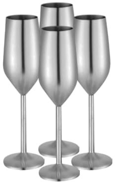 Laurie's Pub and Bar Accessories Set of 4 Stainless Steel Champagne Glasses | 220ml | Unbreakable Champagne Flutes (Brushed Silver)