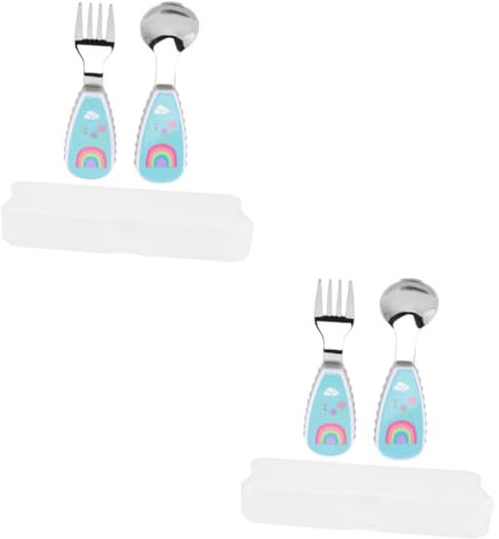 IWOWHERO 2 Sätze Babylöffel Essgeschirr Gabeln Und Löffel Für Kleinkinder Kleinkind Gabelt Löffel Babygabeln Löffel Kinderutensilien Trainingsutensilien Essen Sky-blue Rostfreier Stahl