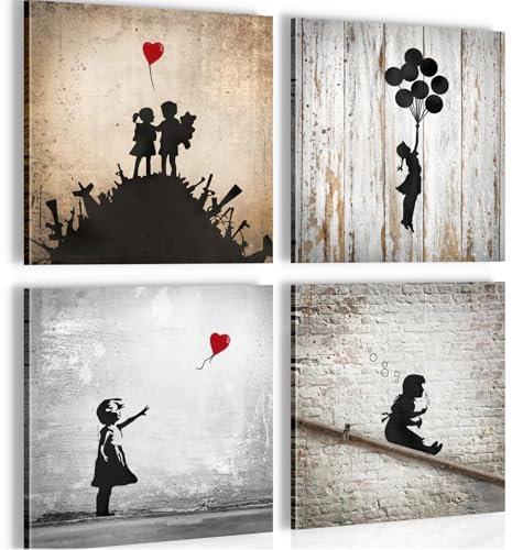 Novart Wandbilder - KEIN EXTRA RAHMEN BENÖTIGT - Wohnzimmer Schlafzimmer - Bilder Modern Banksy Collage - Grau Rot Orange - N039244a