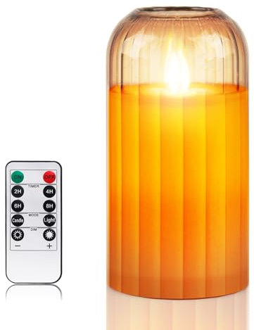 PinnWaa Glas Led Kerzen mit Timerfunktion, Led Echtwachskerzen Flackernde Flamme mit Fernbedienung, Kerzen mit Batterie für Weihnachtsdeko, Zimmer Deko, Hochzeit und Party (H 15 x D 7.5 cm) - Orange