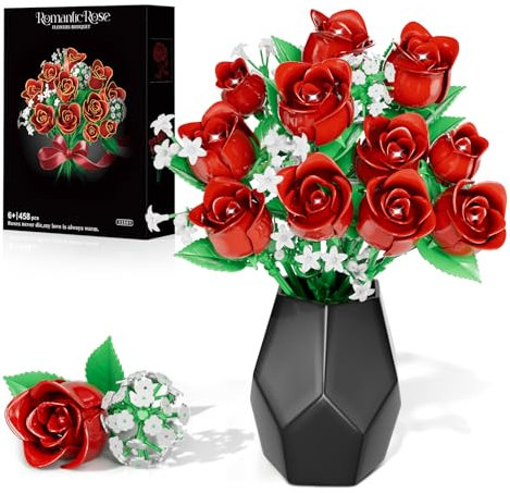 Fleurs Briques De Construction, Bouquet De Fleurs Pour Adultes, Kit De Jeu De Construction 11 Roses Artificielles, 459 Pièces, Collection Botanique Cadeaux Pour Anniversaires, Femmes, Enfants 6+
